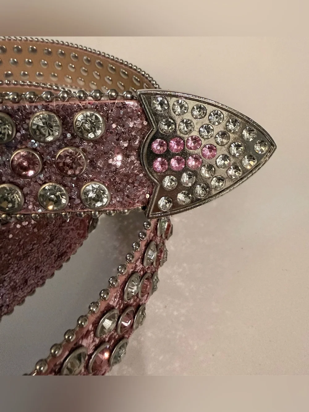Quality rhinestone, glitter leather, silvertone grommet western belt- 37-43